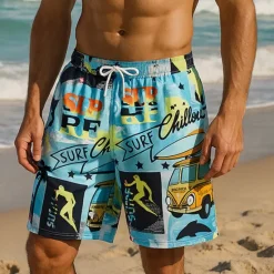 OUKU Men's Shorts Beach Shorts Drawstring Graphic Letter Abstract Breathable Quick Dry Knee Length Outdoor Vacation Home Vacation Ethnic Style Lake blue White & Blue Stretchy