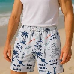 Clearance OUKU Men's Shorts Beach Shorts Drawstring Graphic Leaf Tree Breathable Quick Dry Knee Length Outdoor Vacation Home Vacation Ethnic Style White & Blue Dark Blue Micro-elastic