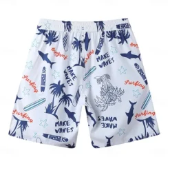Clearance OUKU Men's Shorts Beach Shorts Drawstring Graphic Leaf Tree Breathable Quick Dry Knee Length Outdoor Vacation Home Vacation Ethnic Style White & Blue Dark Blue Micro-elastic