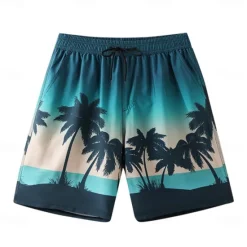 Discount OUKU Men's Shorts Beach Shorts Pocket Drawstring Print Graphic Leaf Tree Breathable Quick Dry Knee Length Outdoor Vacation Home Vacation Ethnic Style Lake blue Dark Blue / Red Micro-elastic