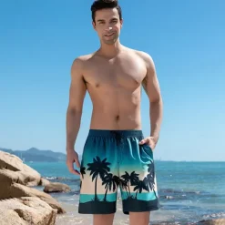 Discount OUKU Men's Shorts Beach Shorts Pocket Drawstring Print Graphic Leaf Tree Breathable Quick Dry Knee Length Outdoor Vacation Home Vacation Ethnic Style Lake blue Dark Blue / Red Micro-elastic
