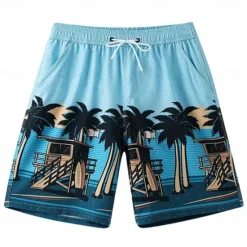 Discount OUKU Men's Shorts Beach Shorts Pocket Drawstring Print Graphic Leaf Tree Breathable Quick Dry Knee Length Outdoor Vacation Home Vacation Ethnic Style Lake blue Dark Blue / Red Micro-elastic