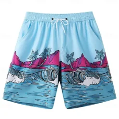 Discount OUKU Men's Shorts Beach Shorts Pocket Drawstring Print Graphic Leaf Tree Breathable Quick Dry Knee Length Outdoor Vacation Home Vacation Ethnic Style Lake blue Dark Blue / Red Micro-elastic