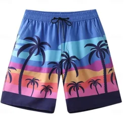 Discount OUKU Men's Shorts Beach Shorts Pocket Drawstring Print Graphic Leaf Tree Breathable Quick Dry Knee Length Outdoor Vacation Home Vacation Ethnic Style Lake blue Dark Blue / Red Micro-elastic
