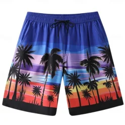 Discount OUKU Men's Shorts Beach Shorts Pocket Drawstring Print Graphic Leaf Tree Breathable Quick Dry Knee Length Outdoor Vacation Home Vacation Ethnic Style Lake blue Dark Blue / Red Micro-elastic