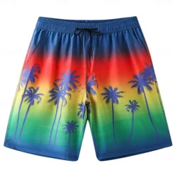 Discount OUKU Men's Shorts Beach Shorts Pocket Drawstring Print Graphic Leaf Tree Breathable Quick Dry Knee Length Outdoor Vacation Home Vacation Ethnic Style Lake blue Dark Blue / Red Micro-elastic