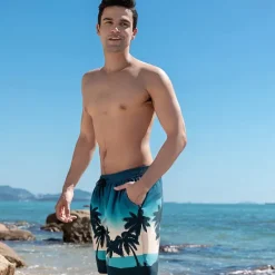 Discount OUKU Men's Shorts Beach Shorts Pocket Drawstring Print Graphic Leaf Tree Breathable Quick Dry Knee Length Outdoor Vacation Home Vacation Ethnic Style Lake blue Dark Blue / Red Micro-elastic