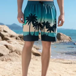 Discount OUKU Men's Shorts Beach Shorts Pocket Drawstring Print Graphic Leaf Tree Breathable Quick Dry Knee Length Outdoor Vacation Home Vacation Ethnic Style Lake blue Dark Blue / Red Micro-elastic