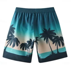 Discount OUKU Men's Shorts Beach Shorts Pocket Drawstring Print Graphic Leaf Tree Breathable Quick Dry Knee Length Outdoor Vacation Home Vacation Ethnic Style Lake blue Dark Blue / Red Micro-elastic