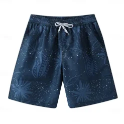 Clearance OUKU Men's Shorts Beach Shorts Drawstring Graphic Leaf Tree Breathable Quick Dry Knee Length Outdoor Vacation Home Vacation Ethnic Style Stretchy Navy Blue