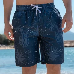 Clearance OUKU Men's Shorts Beach Shorts Drawstring Graphic Leaf Tree Breathable Quick Dry Knee Length Outdoor Vacation Home Vacation Ethnic Style Stretchy Navy Blue
