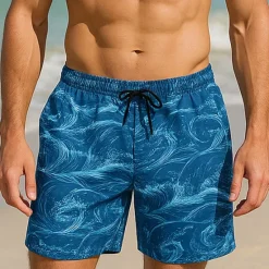 Hot OUKU Men's Shorts Beach Shorts Drawstring Ocean Abstract Abstract Art Breathable Quick Dry Knee Length Outdoor Vacation Home Vacation Ethnic Style Lake blue Navy Blue Stretchy