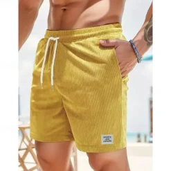 Clearance OUKU Men's Shorts Casual Shorts Corduroy Shorts Pocket Drawstring Elastic Waist Plain Comfort Short Holiday Beach Weekend Fashion Casual Black Yellow Micro-elastic