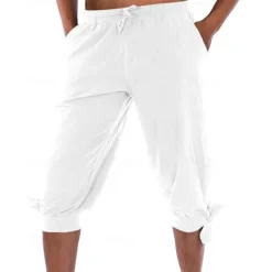Hot OUKU Men's Shorts Cotton Linen Shorts Summer Shorts Beach Shorts Pocket Drawstring Elastic Waist Plain Comfort Breathable Knee Length Vacation Holiday Beach Hawaiian Boho Black White Micro-elastic