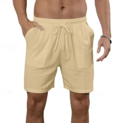 Online OUKU Men's Shorts Cotton Linen Shorts Summer Shorts Beach Shorts Pocket Drawstring Elastic Waist Plain Comfort Breathable Short Vacation Holiday Beach Hawaiian Boho Black White