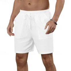Online OUKU Men's Shorts Cotton Linen Shorts Summer Shorts Beach Shorts Pocket Drawstring Elastic Waist Plain Comfort Breathable Short Vacation Holiday Beach Hawaiian Boho Black White