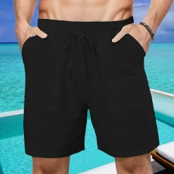 Online OUKU Men's Shorts Cotton Linen Shorts Summer Shorts Beach Shorts Pocket Drawstring Elastic Waist Plain Comfort Breathable Short Vacation Holiday Beach Hawaiian Boho Black White