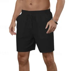Online OUKU Men's Shorts Cotton Linen Shorts Summer Shorts Beach Shorts Pocket Drawstring Elastic Waist Plain Comfort Breathable Short Vacation Holiday Beach Hawaiian Boho Black White