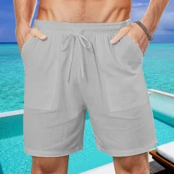 Online OUKU Men's Shorts Cotton Linen Shorts Summer Shorts Beach Shorts Pocket Drawstring Elastic Waist Plain Comfort Breathable Short Vacation Holiday Beach Hawaiian Boho Black White