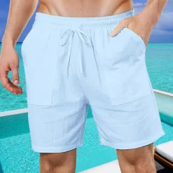 Online OUKU Men's Shorts Cotton Linen Shorts Summer Shorts Beach Shorts Pocket Drawstring Elastic Waist Plain Comfort Breathable Short Vacation Holiday Beach Hawaiian Boho Black White