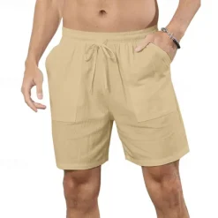 Online OUKU Men's Shorts Cotton Linen Shorts Summer Shorts Beach Shorts Pocket Drawstring Elastic Waist Plain Comfort Breathable Short Vacation Holiday Beach Hawaiian Boho Black White