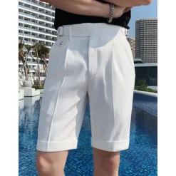 Discount OUKU Men's Shorts Dress Shorts Bermuda shorts Work Shorts Pleated Shorts Pocket High Rise Plain Comfort Breathable Business Casual Vintage Elegant Black White High Waist Micro-elastic
