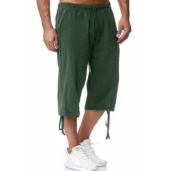 Sale OUKU Men's Shorts Linen Shorts Summer Shorts Beach Shorts Capri Pants Drawstring Elastic Waist Front Pocket Plain Comfort Breathable Calf-Length Sports Outdoor Daily Stylish Casual / Sporty Blue Khaki