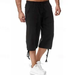 Sale OUKU Men's Shorts Linen Shorts Summer Shorts Beach Shorts Capri Pants Drawstring Elastic Waist Front Pocket Plain Comfort Breathable Calf-Length Sports Outdoor Daily Stylish Casual / Sporty Blue Khaki