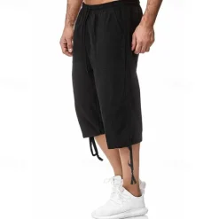 Sale OUKU Men's Shorts Linen Shorts Summer Shorts Beach Shorts Capri Pants Drawstring Elastic Waist Front Pocket Plain Comfort Breathable Calf-Length Sports Outdoor Daily Stylish Casual / Sporty Blue Khaki