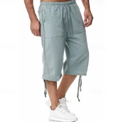 Sale OUKU Men's Shorts Linen Shorts Summer Shorts Beach Shorts Capri Pants Drawstring Elastic Waist Front Pocket Plain Comfort Breathable Calf-Length Sports Outdoor Daily Stylish Casual / Sporty Blue Khaki