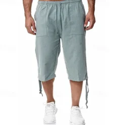 Sale OUKU Men's Shorts Linen Shorts Summer Shorts Beach Shorts Capri Pants Drawstring Elastic Waist Front Pocket Plain Comfort Breathable Calf-Length Sports Outdoor Daily Stylish Casual / Sporty Blue Khaki