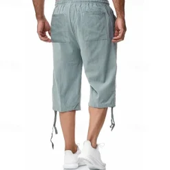 Sale OUKU Men's Shorts Linen Shorts Summer Shorts Beach Shorts Capri Pants Drawstring Elastic Waist Front Pocket Plain Comfort Breathable Calf-Length Sports Outdoor Daily Stylish Casual / Sporty Blue Khaki