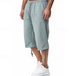 Sale OUKU Men's Shorts Linen Shorts Summer Shorts Beach Shorts Capri Pants Drawstring Elastic Waist Front Pocket Plain Comfort Breathable Calf-Length Sports Outdoor Daily Stylish Casual / Sporty Blue Khaki