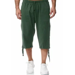 Sale OUKU Men's Shorts Linen Shorts Summer Shorts Beach Shorts Capri Pants Drawstring Elastic Waist Front Pocket Plain Comfort Breathable Calf-Length Sports Outdoor Daily Stylish Casual / Sporty Blue Khaki