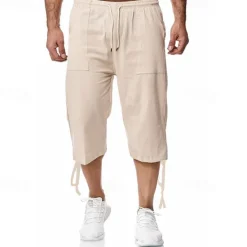 Sale OUKU Men's Shorts Linen Shorts Summer Shorts Beach Shorts Capri Pants Drawstring Elastic Waist Front Pocket Plain Comfort Breathable Calf-Length Sports Outdoor Daily Stylish Casual / Sporty Blue Khaki