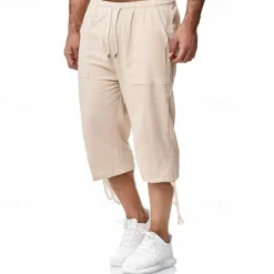Sale OUKU Men's Shorts Linen Shorts Summer Shorts Beach Shorts Capri Pants Drawstring Elastic Waist Front Pocket Plain Comfort Breathable Calf-Length Sports Outdoor Daily Stylish Casual / Sporty Blue Khaki