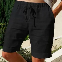 Outlet OUKU Men's Shorts Linen Shorts Summer Shorts Pocket Elastic Waist Drawstring Plain Outdoor Daily Going out Holiday Casual Black White