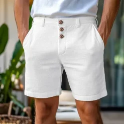 Best OUKU Men's Shorts Linen Shorts Summer Shorts Buttons Pocket Straight Leg Plain Comfort Breathable Short Home Simple Classic Style Black White