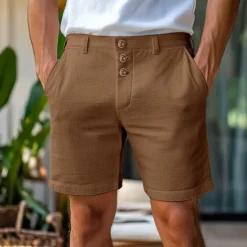 Best OUKU Men's Shorts Linen Shorts Summer Shorts Buttons Pocket Straight Leg Plain Comfort Breathable Short Home Simple Classic Style Black White
