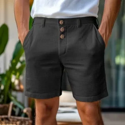 Best OUKU Men's Shorts Linen Shorts Summer Shorts Buttons Pocket Straight Leg Plain Comfort Breathable Short Home Simple Classic Style Black White