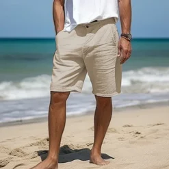 Clearance OUKU Men's Shorts Linen Shorts Dress Shorts Summer Shorts Buttons Pocket Straight Leg Plain Comfort Breathable Short Casual Daily Holiday Fashion Designer White Sky Blue