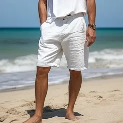 Clearance OUKU Men's Shorts Linen Shorts Dress Shorts Summer Shorts Buttons Pocket Straight Leg Plain Comfort Breathable Short Casual Daily Holiday Fashion Designer White Sky Blue