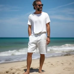 Clearance OUKU Men's Shorts Linen Shorts Dress Shorts Summer Shorts Buttons Pocket Straight Leg Plain Comfort Breathable Short Casual Daily Holiday Fashion Designer White Sky Blue