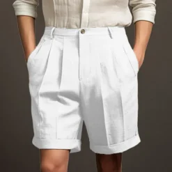 Best OUKU Men's Shorts Linen Shorts Dress Shorts Summer Shorts Pleated Shorts Buttons Pocket Pleats Plain Comfort Breathable Short Casual Daily Holiday Fashion Designer Black White