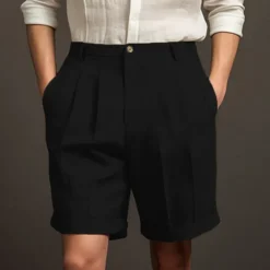 Best OUKU Men's Shorts Linen Shorts Dress Shorts Summer Shorts Pleated Shorts Buttons Pocket Pleats Plain Comfort Breathable Short Casual Daily Holiday Fashion Designer Black White