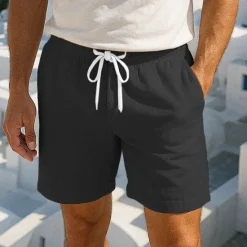 New OUKU Men's Shorts Linen Shorts Summer Shorts Beach Shorts Pocket Drawstring Elastic Waist Plain Comfort Breathable Short Vacation Holiday Beach Hawaiian Boho Black White