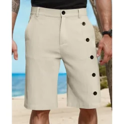 Clearance OUKU Men's Shorts Linen Shorts Summer Shorts Pocket Side Button Straight Leg Solid Color Comfort Breathable Knee Length Casual Daily Vacation Fashion White Green Inelastic