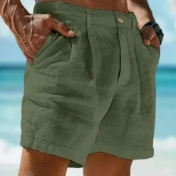Hot OUKU Men's Shorts Linen Shorts Dress Shorts Summer Shorts Beach Shorts Buttons Pocket Plain Comfort Breathable Short Casual Daily Holiday Fashion Designer White Army Green