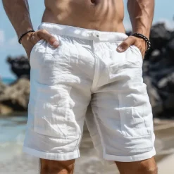 Discount OUKU Men's Shorts Linen Shorts Summer Shorts Pocket Multi Pocket Straight Leg Plain Comfort Breathable Knee Length Outdoor Daily Holiday Fashion Streetwear White