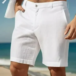 Hot OUKU Men's Shorts Linen Shorts Dress Shorts Summer Shorts Beach Shorts Pocket Buttons Plain Comfort Breathable Knee Length Formal Daily Holiday Vacation Fashion White Sky Blue Inelastic